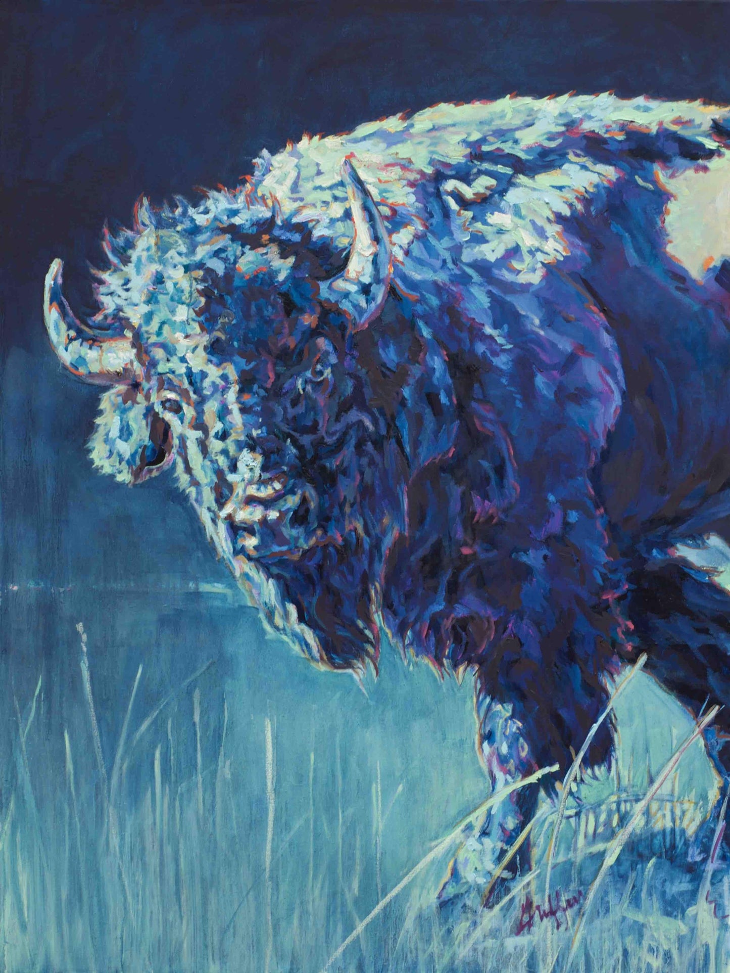 Original Oil Painting Of A Closeup Profile Of A Bison Walking Painted In A Blue Color Palette By Wildlife Painter Patricia Griffin 